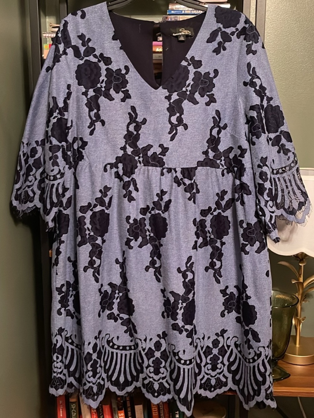 Suzanne Betro Black Lace-Overlay V-Neck Tunic on Heather Blue Size large